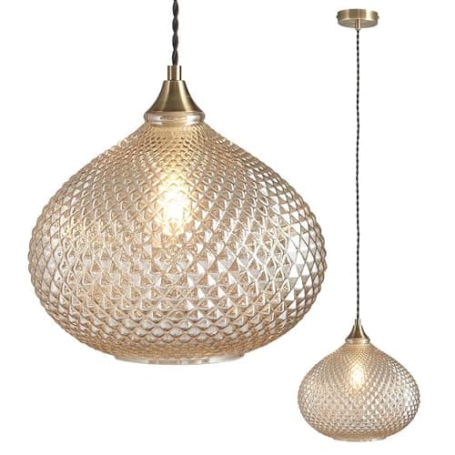 Image of National Lighting Lina E27 Pendant Ceiling Light - 285mm Antique Brass Ceiling Light Plate Finish with Champagne Textured Glass Shade - Adjustable Hanging Drop Fixture for Kitchen Island & Dining Room