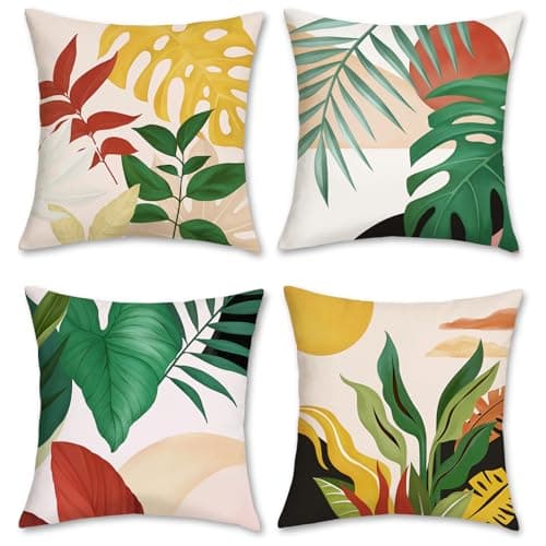 Image of Bonhause Tropical Leaves Cushion Covers 45 x 45 cm Palm Leaf Sunset Decorative Throw Pillow Covers Soft Velvet Pillowcases for Sofa Patio Garden Outdoor Decor Set of 4 (BHP0179)