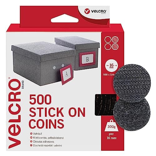 Image of VELCRO Brand | Stick On Coins | Double Sided Hook & Loop Self Adhesive Sticky Coins Perfect for Room Décor & Home, Office, Garage Use | Black | 16mm x 16mm | Pack of 500
