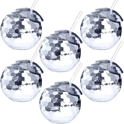 Image of oneant 6 Pieces Disco Wine Cups Reusable Disco Flash Ball Cocktail Cup with Lid & Straw Party Supplies Wine Cocktail Glass Drinking Syrup Tea Bottle for Nightclub Bar Party, Silver