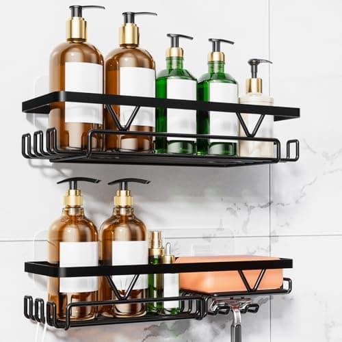Image of KEGII 2 Pack Adhesive Shower Caddy - Black Stainless Steel Shower Shelf with Soap & Razor Holder, No Drill for Bathroom Kitchen, 5KG Load Capacity