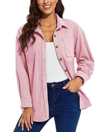 Image of TACVASEN Womens Long Sleeve Jackets Corduroy Shacket Shirt Fashion Casual Work Jacket with Pocket for Ladies Tops Light Pink,M