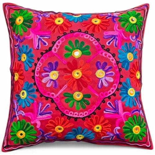 Image of Original Kikan Suzani Multi Colour Floral Embroidery 16"x16" 40 x 40 cm Indian Ethnic Cushion Cover Takiya Sofa pillow Zipper Back
