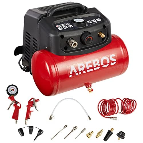 Image of Arebos 6L Air Compressor 1200W | 180 L/min Suction Power | 8 Bar Compressor Including 13-Piece Compressed Air Tool Set | Oil-Free & Quiet | Automatic Shut-Off | Compact, Mobile & Robust | Includes 2 m
