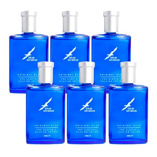 Image of Blue Stratos Pre-Electric Shave Lotion Multi-Pack, Original Blue for Men, Lifts Beard & Reduces Irritation, Cooling Effect, Classic Scent of Cedarwood, Vanilla, and Musk, 6 x 100ml