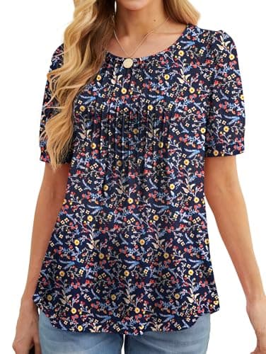 Image of GRECERELLE Womens Summer Tops Casual Dressy Soft Short Sleeve Tunic Front Pleated Spring Crew Neck Tees T-Shirts Loose Blouse for Ladies (Dark Blue Mimosa, L)