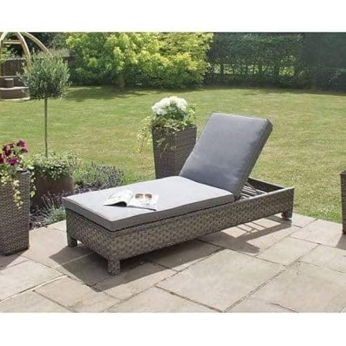 Image of Amalfi Outdoor Aluminium Garden Range, Bistro, Dining Sets, Sun Lounger, Round/Oval Glass Tables with Grey Rattan Chairs, Luxury Cushioned Garden Furniture (Sun Lounger with Side Table)