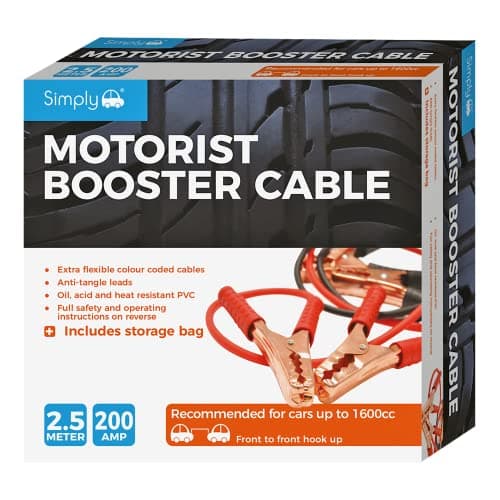 Image of Simply SM200B Boxed Motorist Jump Leads Booster Cable 200AMP 2.5M Long Anti-tangle leads Oil acid and heat resistant PVC Fully Insulated Metal Clips and Operating Instructions