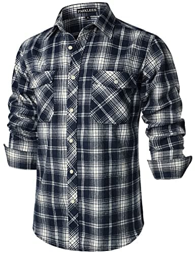 Image of PARKLEES Men's Casual Regular Fit Button Up Flannel Checked Plaid Shirts with Pockets PZLCL41 Navy Blue XXL