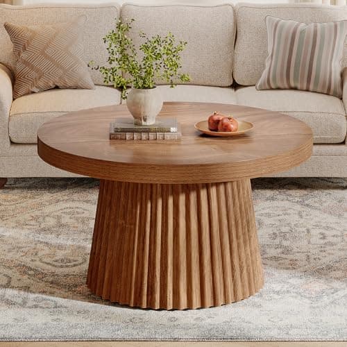 Image of Tribesigns Coffee Table, 31.5" Small Farmhouse Round Coffee Tables with Fluted Drum Base, Mid Century Modern Farmhouse Accent Center Table for Living Room, Apartment, Small Space (Walnut)