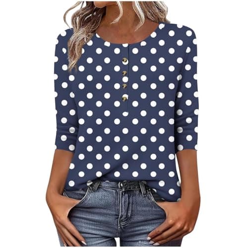 Image of Going Out Tops for Women UK 3/4 Sleeve Work Blouses Work Clothes Activewear Tees Tunic Thin Pullover Crew Neck Button Up Slim Fit Polka Dot Print Women's Shirts