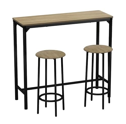 Image of URBNLIVING CANCUN Bar Table and Stools Set – Industrial Kitchen Dining Breakfast Counter Furniture with 2 or 4 Chairs, Space-Saving Design for Home & Small Spaces - 3 Piece - Oak