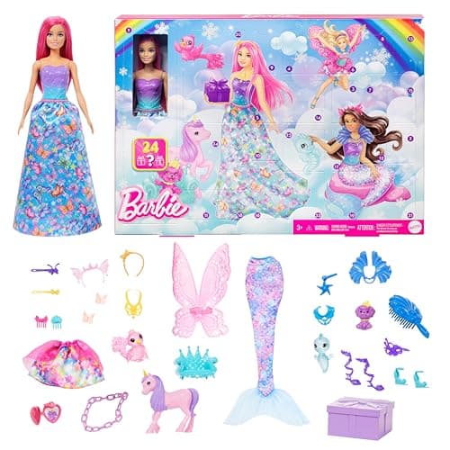 Image of Barbie Advent Calendar with Doll & 24 Surprise Accessories Including Unicorn & 3 Pets, Transform Pink-Haired Fashion Doll into Mermaid, Fairy & More, HRG90