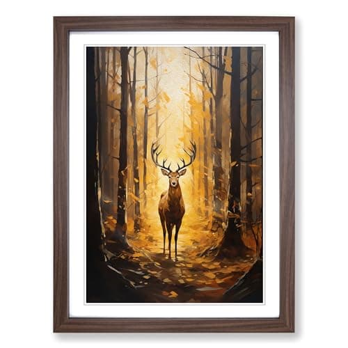 Image of Stag in a Forest Modern Framed Print | A2 Walnut Framed Wall Art | Ready to Hang | Modern Animal Picture | Living Room Bedroom Lounge Office