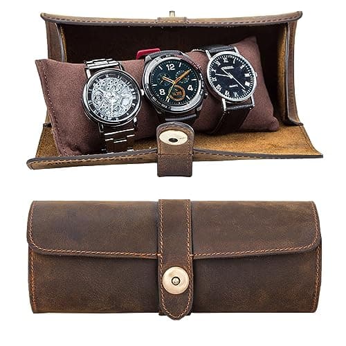 Image of Acidea Genuine Leather Watch Roll Travel Case, Watch Travel Case for 3 Watches, Watches Box Organizer for Men, Leather 3-Watches Roll Case for Bracelets, Watch Storage Organizer Men's Accessories