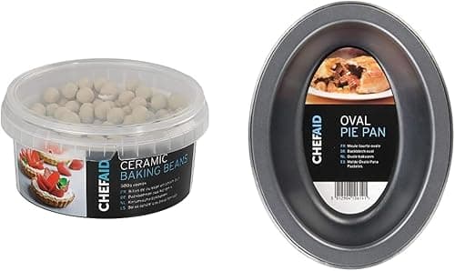 Image of Chef Aid Reusable Ceramic Baking Beans and Blind weights in storage tub, Oven Beads Prevent Pastry shrinkage, Blind bake Quiche, Pies, and Tarts, Approx 500 g. + Chef Aid Non-stick Oval Pie Dish
