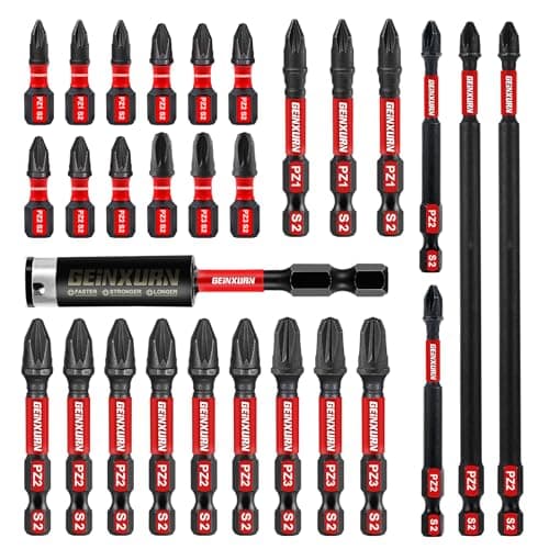 Image of Geinxurn 28 Pieces PZ1 PZ2 PZ3 Impact Screwdriver Bit Set 25 mm 50 mm 75 mm 150 mm #1#2#3 Pozidriv, 1/4 inch Hexagonal Shaft S2 Alloy Steel with 1PC 60 mm Magnetic Bit Holder