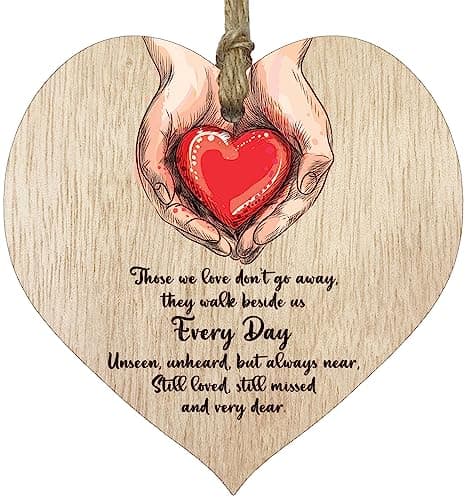 Image of Those We Love Don't Go Away Hanging Wooden Heart Sign Plaque Thoughtful Gifts for Friends - Light Wood Hearts Signs, Friendship Plaques, Love Heart Gifts, Friends Ornament, Mothers Day Mum Present