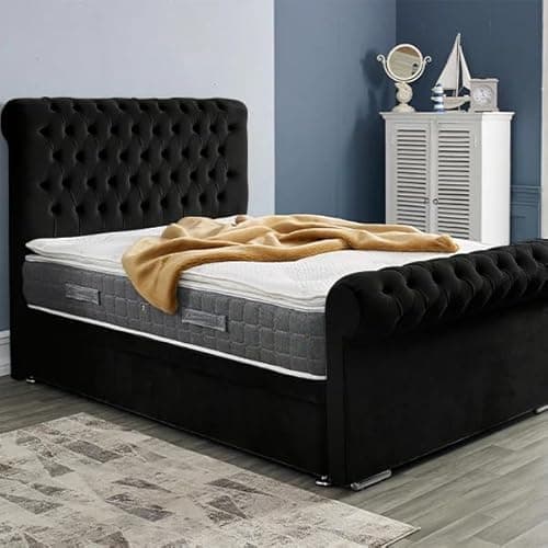 Image of MOORCROFT BEDS 4FT Small Double Chesterfield Sleigh Bed Frame With Headboard Upholstered In Plush Velvet Black Bed Wooden Slats - No Mattress - No Storage (Black, 4FT Small Double Frame Only)