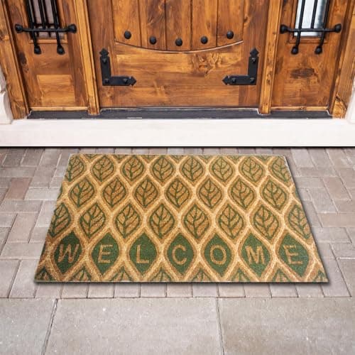 Image of Large Embossed Coir Door Mat 45 x 75cm Green Leaves – Natural Coconut Fibre, Front Door Welcome Mat with Non-Slip Backing, Durable Eco-Friendly Dirt Trapper Boot Scraper Outdoor
