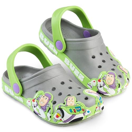 Image of Get Trend Disney Toy Story Buzz Lightyear Boys Clogs UK Size 7-4, Kids Adjustable Slip-on Indoor Outdoor Beach Garden Shoes (13/1 UK, Grey/Green Buzz)
