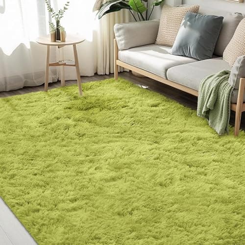 Image of FVVRAX 180x270cm Green Fluffy Rug – Soft Shaggy Area Rug for Living Room & Bedroom, Non-Slip Plush Carpet for Kids, Nursery, Dorm, Machine Washable Large Floor Mat