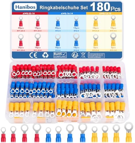 Image of Hanibos 180 Pcs Ring Crimps Terminals Connectors 0.5-6.0mm² Insulated Ring Terminals Crimps Connectors Ring Crimp Wire Connectors Terminals Kit for Automotive Motorcycle Repairs