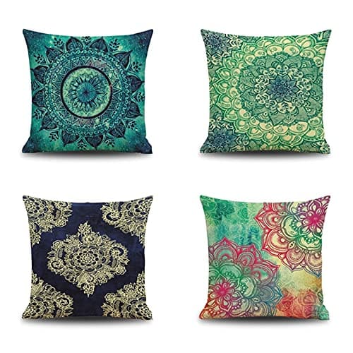 Image of Lieson Cushion Cover Set Of 4, Cushion Covers 16x16 Inches 40x40CM Mandala Flowers Pattern Cushion Cover Decoration Green Blue Multicolor, Linen