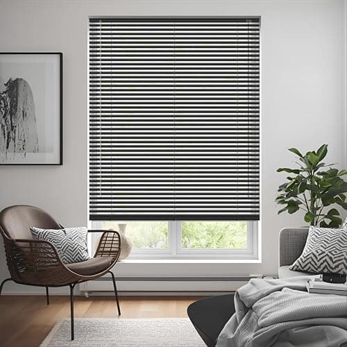 Image of Black Plain PVC venetian Blind - Width 180cm x Drop 150cm - 25mm Horizontal Slats - Easy Fit Trimmable fitting with Tilt control Wand Mechanism