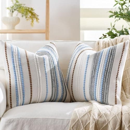 Image of SCVBLJS Blue Cushion Covers 45x45cm squaer stripes brown Cushion case Decorative Sofa Throw Pillow Cover Home Office Decoration soft cushions 18x18Inch set of 2