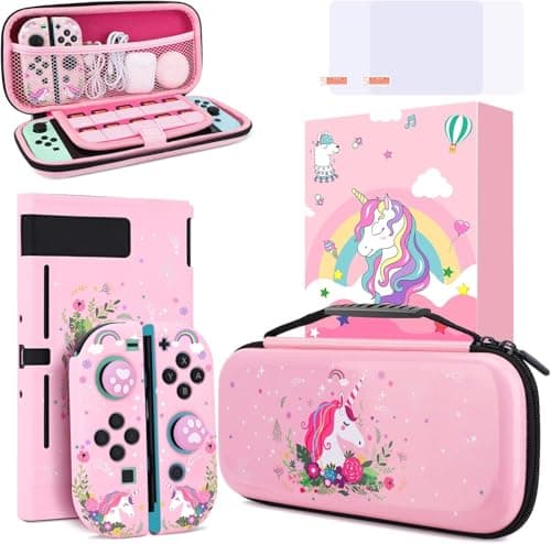 Image of JYPS Unicorn Carrying Case Cover Kit for Nintendo Switch, Hard Shell Bundle with Handle for Console Accessories, Portable Protection Travel Bag Compatible with Nintendo Switch for Girls Gift(Pink)