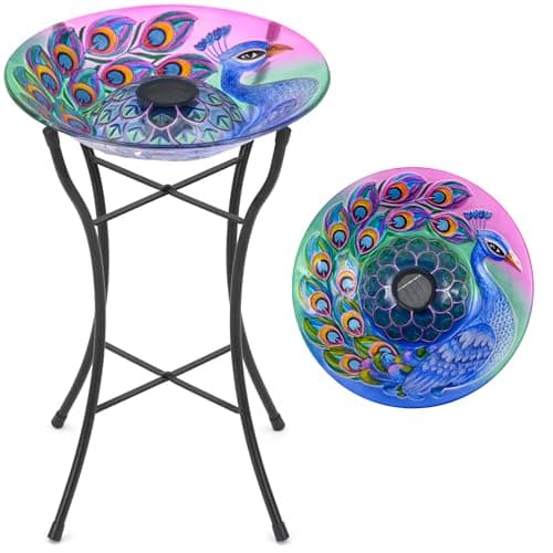 Image of Christow Glass Bird Bath Solar Light Metal Stand Painted Peacock Garden Decoration