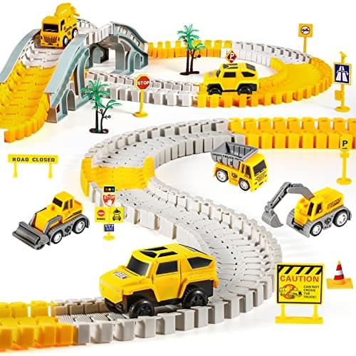 Image of 260 PCS Construction Race Tracks for Kids Toys, 2 Electric Cars, 4 Construction Cars, 1 Map & Flexible DIY Track Set, Engineering Presents for 3 4 5 6 Year Old Boys Girls