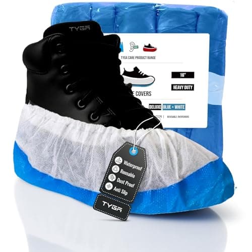 Image of TYGA 40 Pieces Waterproof Reusable Shoe Covers - Heavy Duty Non-Slip and Long-Lasting CPE/PP Overshoes Protector for Hospital, Lab Cleaning, House Floor, Carpet - Keep Sole Protected - Blue & White
