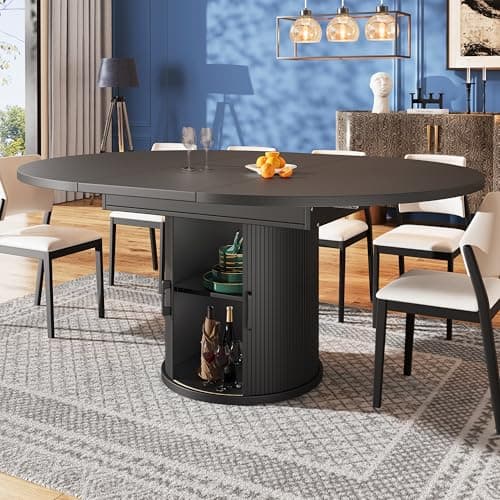 Image of BTM Dining Table for 4-6, 63“Extendable Round Kitchen Dining Room Table with Storage Shelf, Space Saving Expandable Wood Oval Circle Dinner, Black