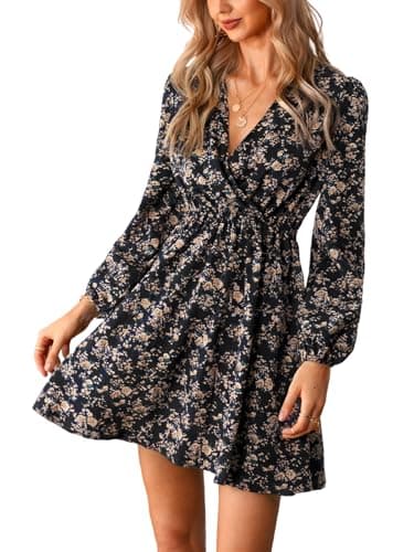 Image of CUPSHE Women's V Wrap Dress Neck Ditsy Floral Mini Dress Long Sleeve A Line Dress Surplice Short Dress Black XL