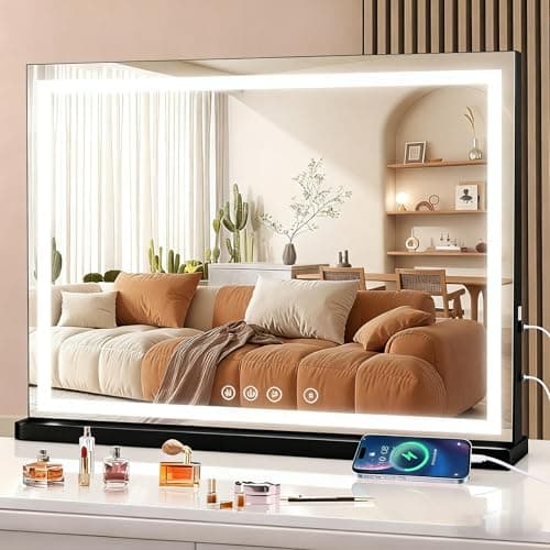 Image of halumao Vanity Mirror with Lights, 80 x 60 cm Large Makeup Mirror with LED Lights, Smart Touch Dimmable 3-Color Light, Memory Function, USB Charging Port black