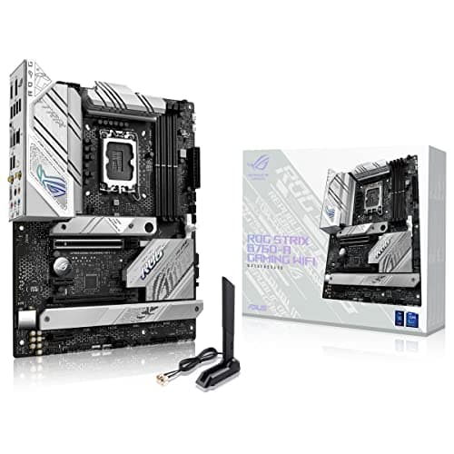 Image of ASUS ROG STRIX B760-A GAMING WIFI Intel B760 LGA 1700 white ATX motherboard with 12 + 1 power stages, DDR5, PCIe 5.0 x16 SafeSlot, 3x PCIe 4.0 M.2 slots, WiFi 6E, USB 3.2 Gen 2x2 Type-C, and Aura Sync