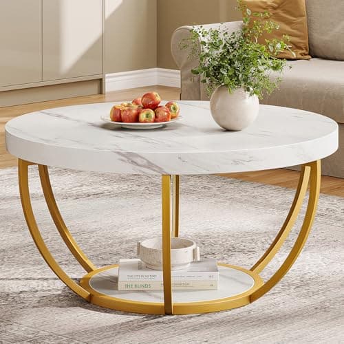 Image of Tribesigns Modern Round Coffee Table, 2 Tier Coffee Table with Faux White Marble and Golden Metal Legs, Circle Center Table Tea Table Accent Furniture for Living Room, White and Gold