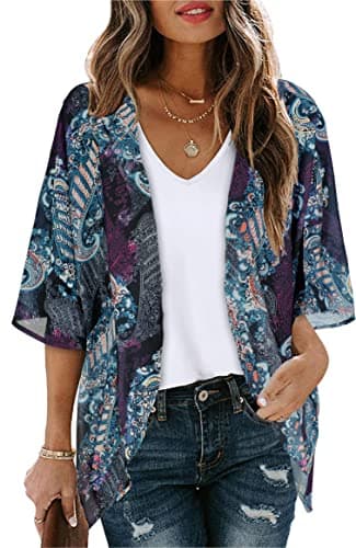 Image of Womens Tops Floral Print Open Front Kimono Cardigan Casual Bikini Cover Up(Boho Purple,S)