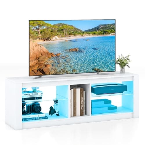 Image of CASART LED TV Cabinet for 65 inch TVs, 140cm Entertainment Center TV Unit with Adjustable Glass Shelves & 20 RGB Light Colors, Modern Media TV Console Table for Living Room Bedroom (White)