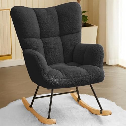 Image of Hawthyhome Rocking chair,Lambswool with High Backrest Armrest,Upholstered up to 136 kg load-bearing Comfy Stabilise Rocking Chair for Livingroom Bedroom Balcony Black