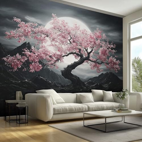 Image of Cherry Blossom Wallpaper & Wall Mural, 350x256 cm - Japanese Pink Floral Tree Home Wall Decor for Bedroom, Living Room - S&J747