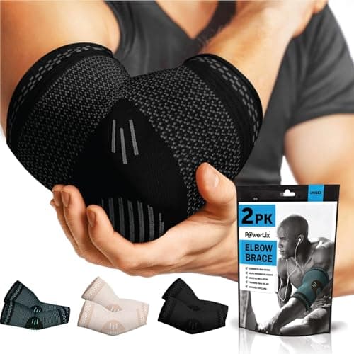 Image of POWERLIX Elbow Support for Men/Women, 2 Pieces Elbow Brace Compression Arm Support for Tendonitis, Tennis/Golfers Elbow, Support Sleeves for Sports Protection and Pain Relief, Black, Large