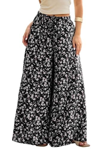 Image of ZANZEA Women's Wide Leg Trousers High Waisted Flowy Floral Palazzo Pants with Pockets Summer Casual Lounge Boho Beach Trousers Floral Black XL