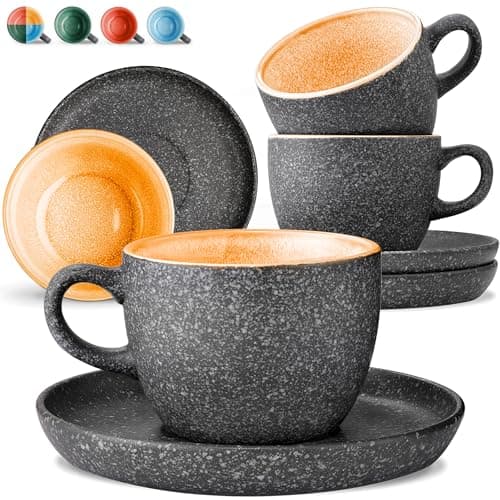 Image of Cosumy Cappuccino Cups and Saucers Set of 4 – 200ml Ceramic Coffee Cups, 𝗘𝘅𝘁𝗿𝗮-𝗧𝗵𝗶𝗰𝗸 Stoneware - Handmade Reactive Glaze - Keeps Warm Longer (Yellow)