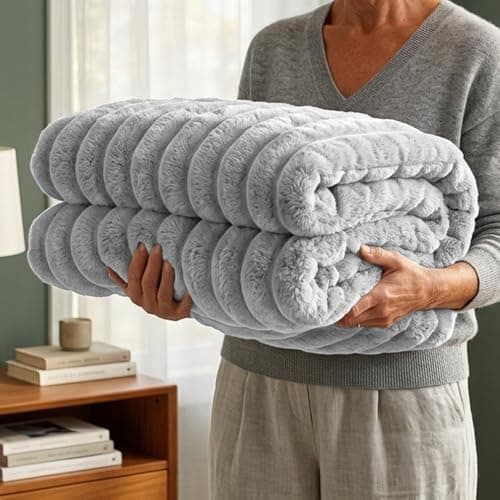 Image of Casabella Throw Blanket - Ribbed Fleece Blanket - Soft Fluffy, Warm & Cosy Sofa Throw - Large Fleece Blanket for Sofa Bed, Couch, Bedding - King Size 200x240 - Silver
