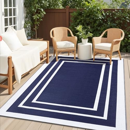 Image of Homaxy Waterproof Outdoor Rug, Anti-slip Reversible UV Resistant Garden Rugs, Easy Cleaning Carpet for Camping, Patio, Beach, Picnic, Backyard - 120 x 180 cm, Navy Blue & White