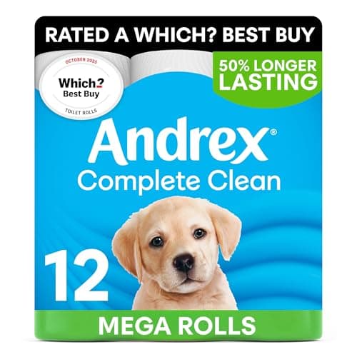Image of Andrex Complete Clean 12 Mega Toilet Rolls= 18 Standard Toilet Rolls, 50% Longer Lasting Paper with unique 3D Wave Texture for a Proven, Effective Clean, FSC Certified