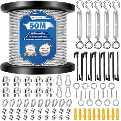 Image of Bridokit 50M 2MM Garden Wire For Climbing Plants, 80Pcs Heavy Duty 304 Stainless Steel Wire Rope Kit with M5 Turnbuckles for Hanging String Lights, Trellis, Garden Fence, Wisteria Plant